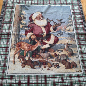 AGC Vtg Woven Tapestry Woodland Santa Forest Animals Throw Blanket Squirrel Bird